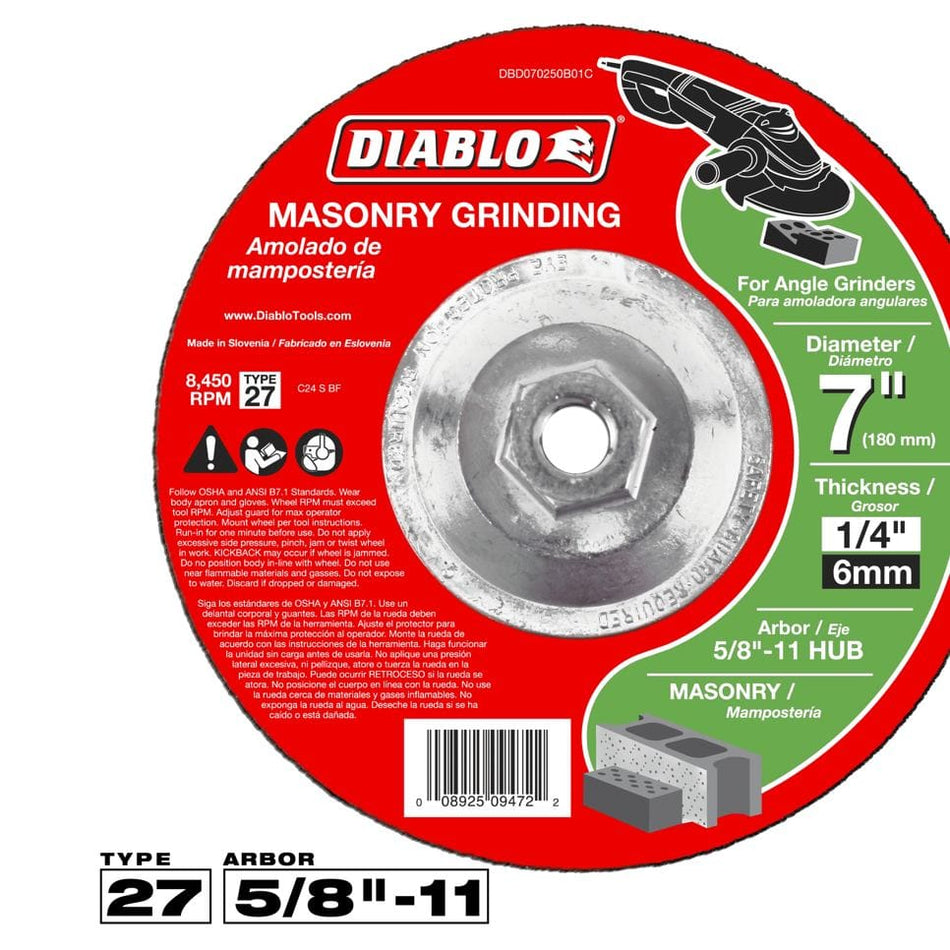 A top-down view of the product label for a Diablo 7-inch masonry grinding disc, specifying its Type 27 depressed center, 5/8-inch-11 threaded hub, and 8,450 maximum RPM.