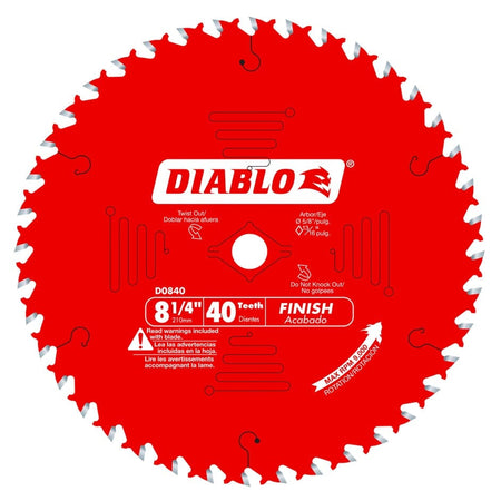 Close-up of Diablo D0840 saw blade with 40 teeth; labeled for finish cuts and 8-1/4 inch diameter.