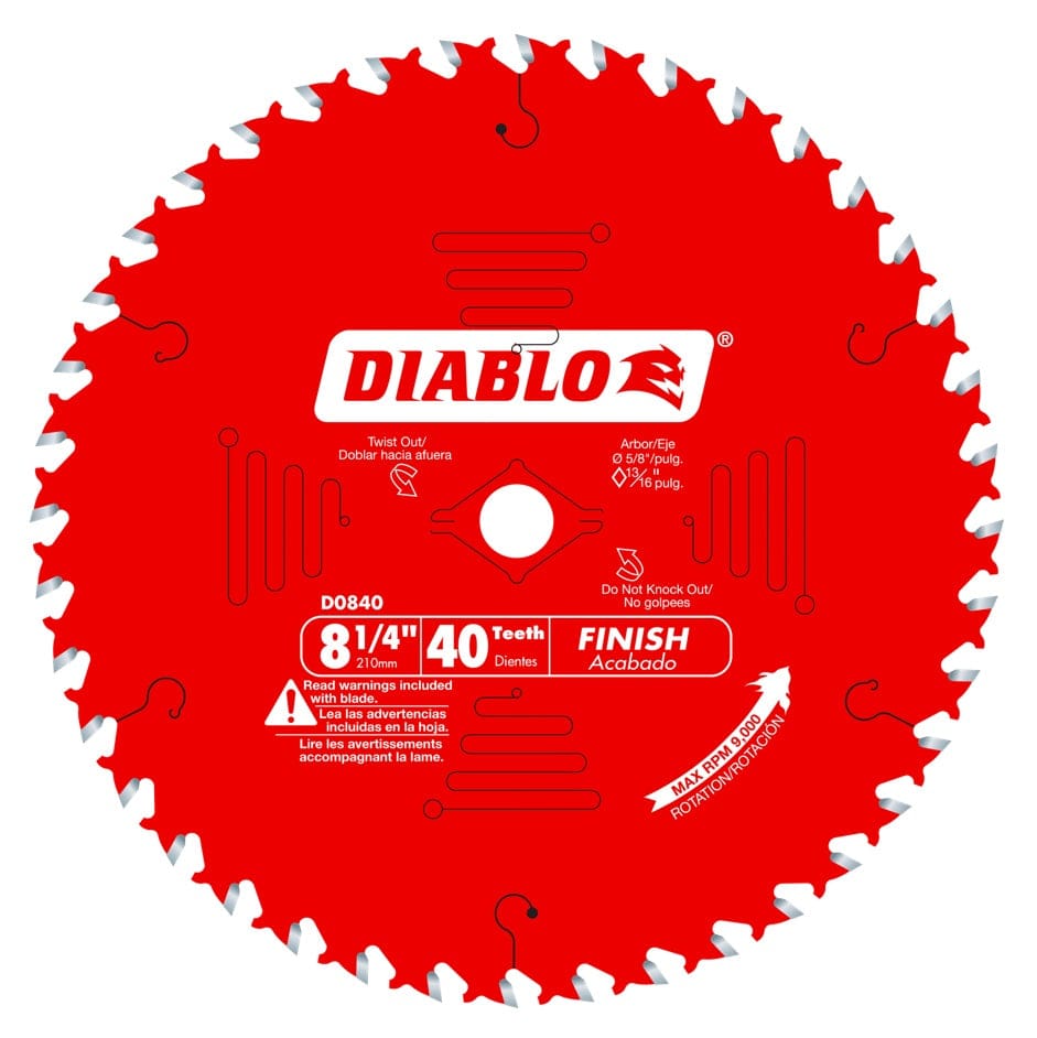 Close-up of Diablo D0840 saw blade with 40 teeth; labeled for finish cuts and 8-1/4 inch diameter.