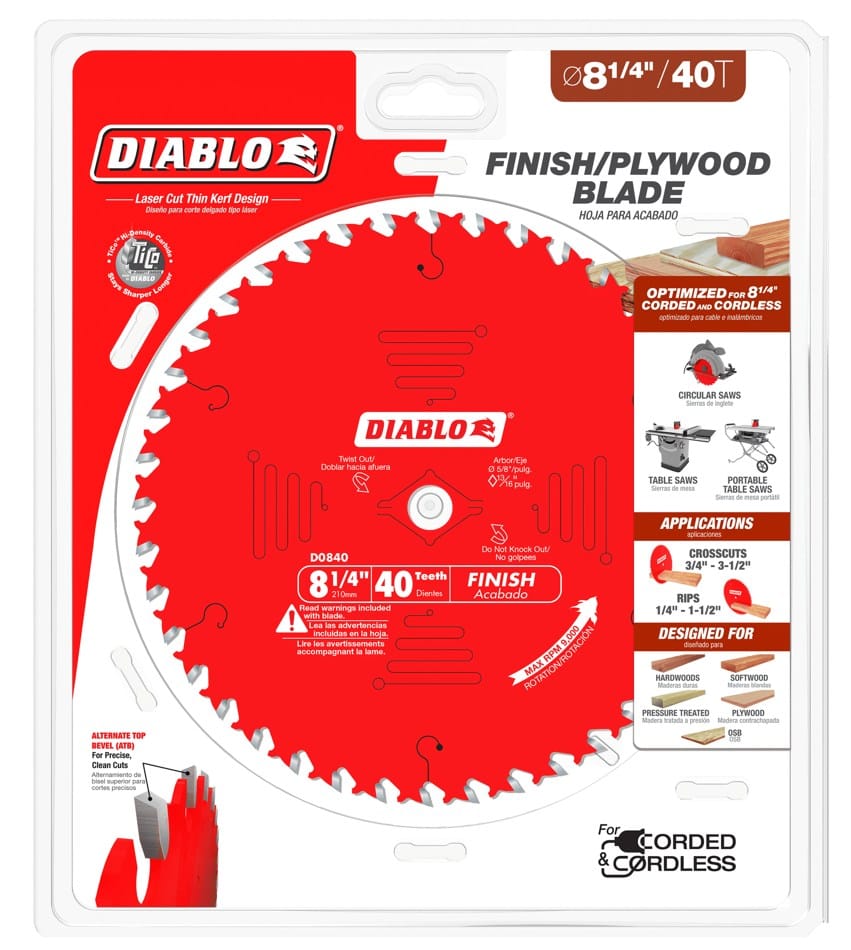 Retail packaging for Diablo D0840 8-1/4 inch saw blade; labeled for finish and plywood cutting with 40 teeth.