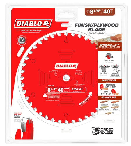 Retail packaging for Diablo D0840 8-1/4 inch saw blade; labeled for finish and plywood cutting with 40 teeth.