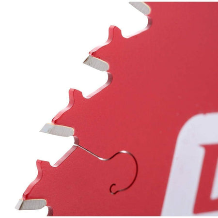 Close-up of red circular saw blade teeth with silver cutting edges; designed for wood or metal cutting.
