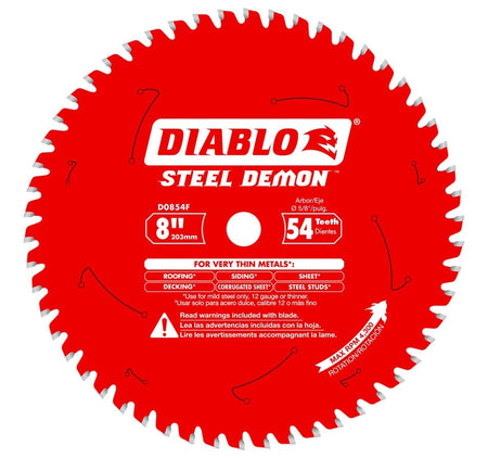Close-up of Diablo D0854F saw blade labeled for cutting thin metal materials like roofing, siding, and steel studs