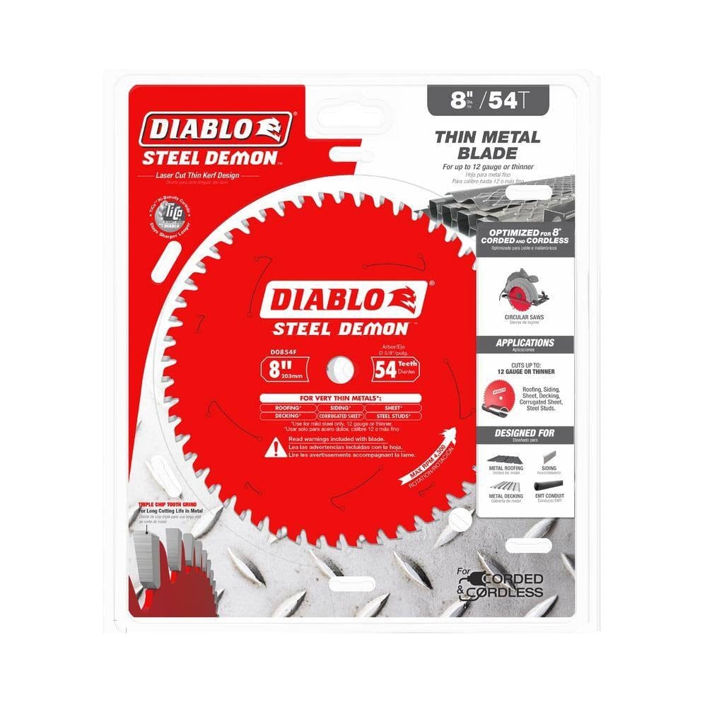 Packaged Diablo Steel Demon 8-inch 54-tooth saw blade labeled for cutting thin metal with corded and cordless tools.