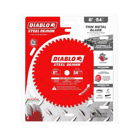 Packaged Diablo Steel Demon 8-inch 54-tooth saw blade labeled for cutting thin metal with corded and cordless tools.