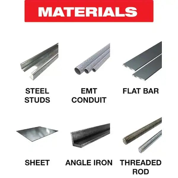 Visual chart showing six types of metal construction materials: steel studs, EMT conduit, flat bar, sheet, angle iron, and threaded rod