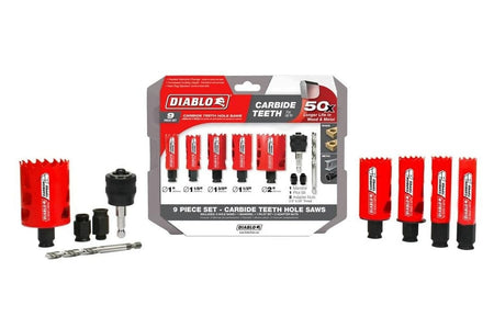 Diablo 9-piece carbide hole saw set displayed with packaging and components laid out. Includes seven red hole saws ranging from 3/4" to 1-1/2", two arbors, and a pilot bit. Packaging emphasizes 50x longer life in metal and wood cutting.
