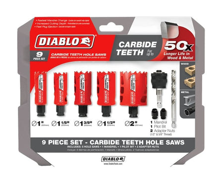 Packaged Diablo 9-piece carbide hole saw set featuring six red hole saws, one mandrel, one pilot bit, and two adapter nuts. Packaging highlights features like 50x longer life, fastest mandrel change, enhanced carbide design, and fast plug ejection. Sizes range from 1" to 2-1/8".