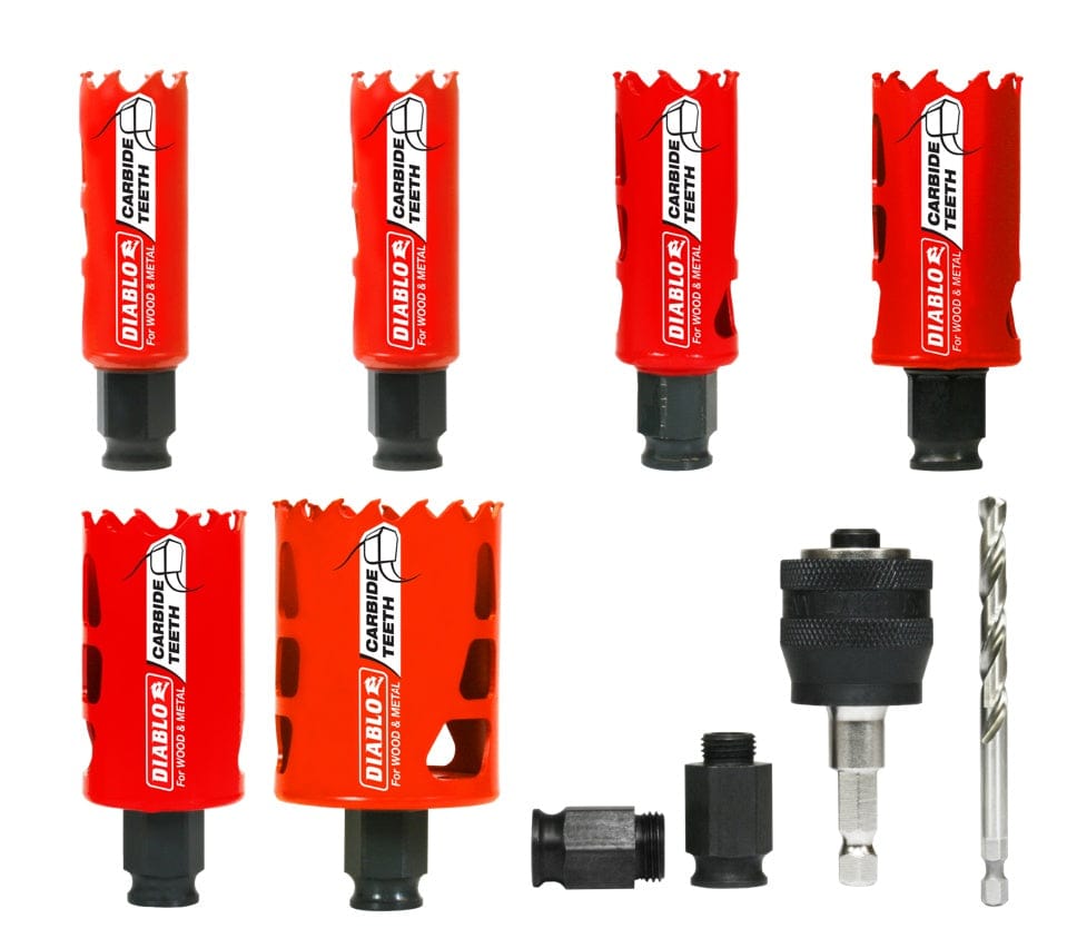 A studio shot of the Diablo 9-piece general purpose hole saw set, showing all six red carbide hole saws, the Snap-Lock mandrel, adapters, and the pilot drill bit.
