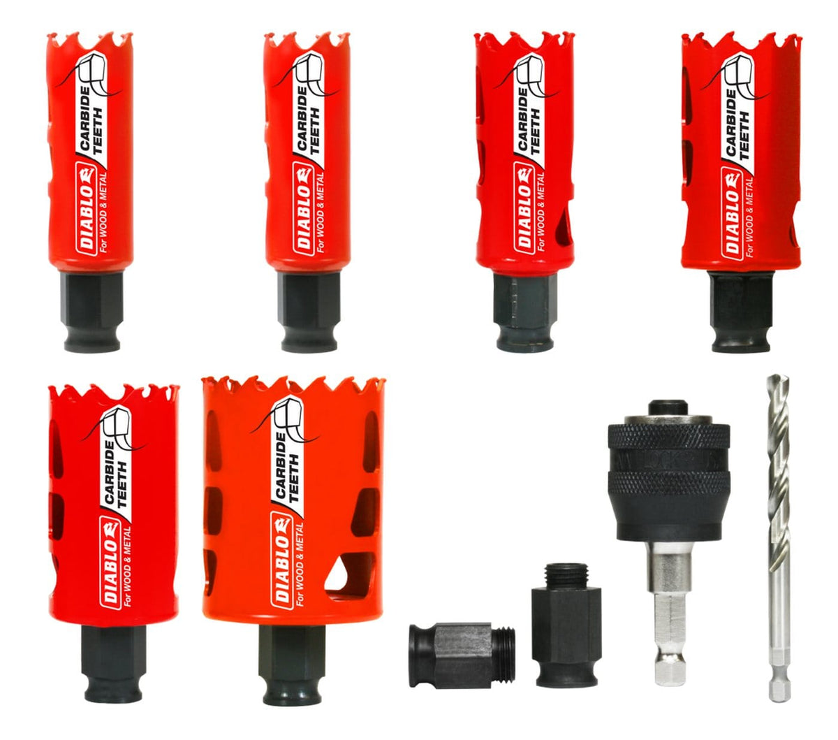 A studio shot of the Diablo 9-piece general purpose hole saw set, showing all six red carbide hole saws, the Snap-Lock mandrel, adapters, and the pilot drill bit.