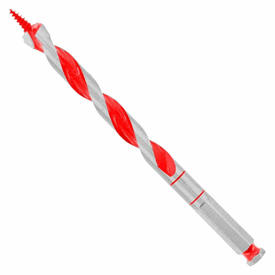 Diablo 9/16" auger drill bit with red and silver spiral flutes, threaded screw tip, and hexagonal shank. Designed for drilling clean, deep holes in wood and nail-embedded wood using cordless or corded impact drivers. Ideal for framing, carpentry, and structural woodworking applications.
