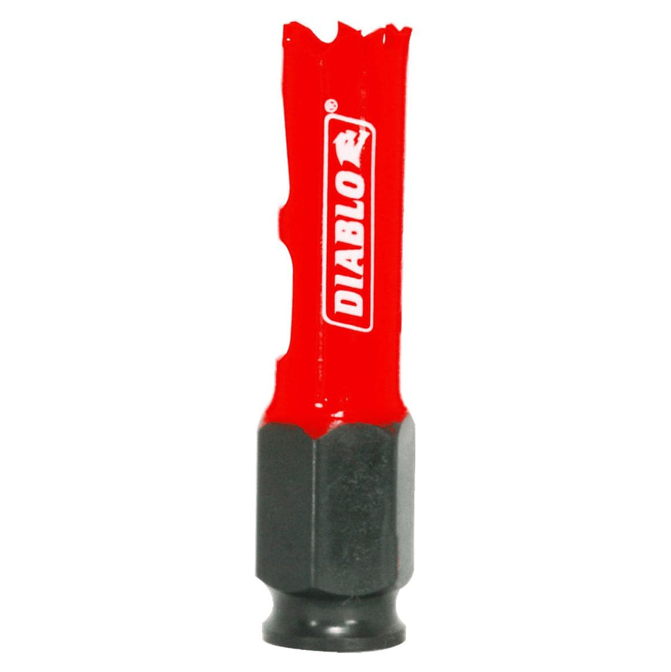 Close-up product photo of the Diablo 9/16 inch Bi-Metal Hole Saw cup, showing the red body and black base designed for the Snap-Lock Plus system.