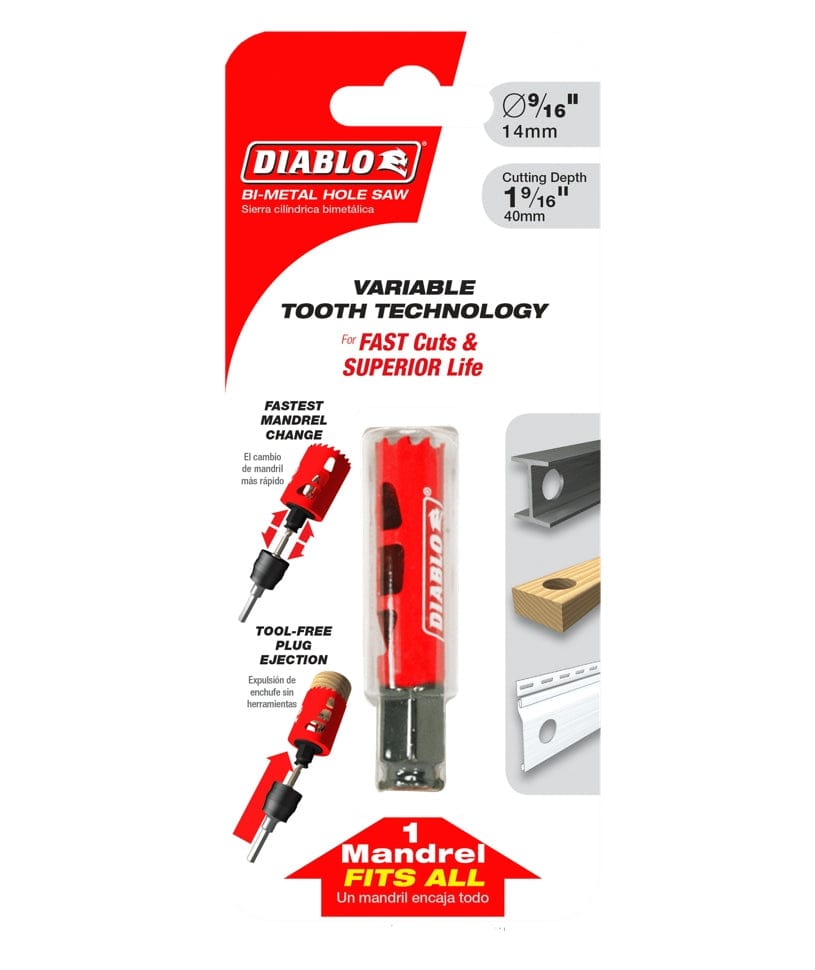 Packaging for the Diablo 9/16 inch Bi-Metal Hole Saw, highlighting Variable Tooth Technology, fast mandrel change, tool-free plug ejection, and the 1 mandrel fits all system.