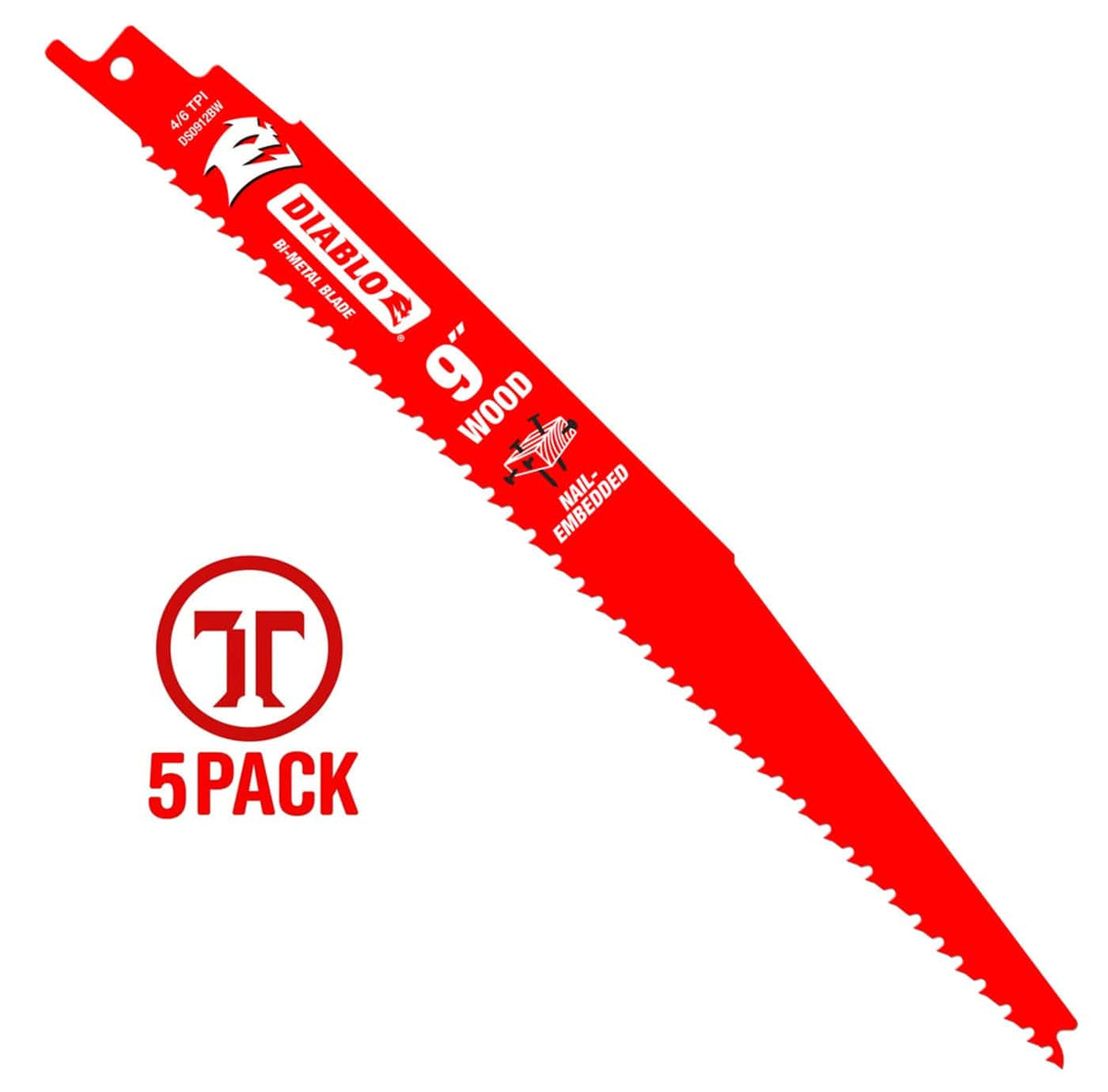 Diablo DS0912BW 9-inch bi-metal reciprocating saw blade for nail-embedded wood demolition featuring 4/6 variable TPI, red Perma-SHIELD coating, and a 5-pack quantity indicator.