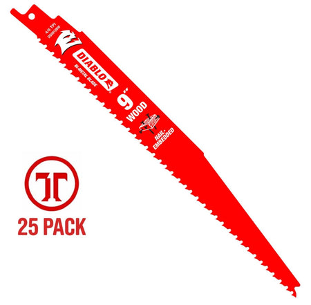 Diablo 9-inch wood-cutting reciprocating saw blade with a variable tooth design for demolition applications, shown with a 25-pack bulk quantity indicator.