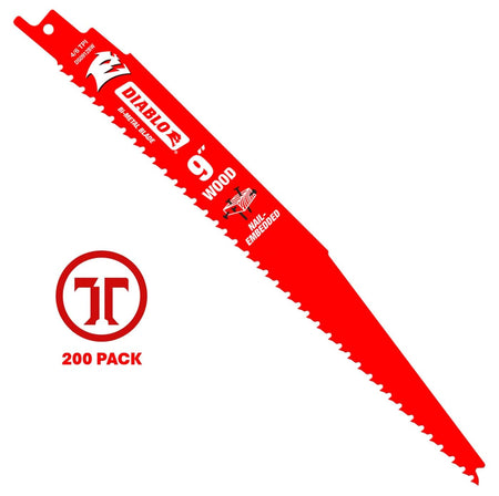 Diablo DS0912BW bi-metal reciprocating saw blade designed for high-performance nail-embedded wood cutting, shown with a 200-pack industrial quantity indicator.