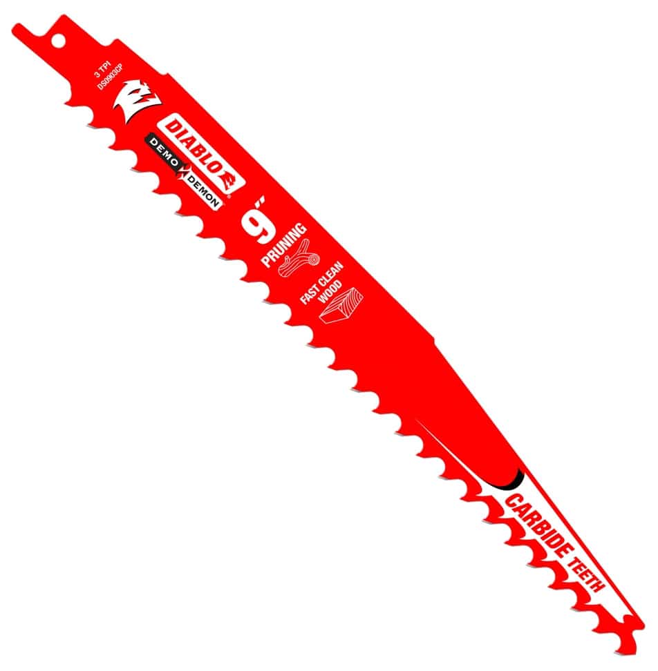 Individual Diablo 9-inch 3 TPI Demo Demon carbide teeth reciprocating saw blade for pruning and fast clean wood cutting featuring red Perma-SHIELD coating and aggressive tooth geometry.