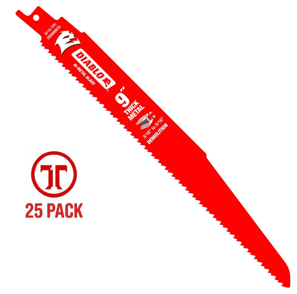 A profile studio photograph of a red Diablo 9-inch 8/10 TPI bi-metal reciprocating saw blade, highlighting the dual tooth design for thick metal demolition and its 3/16-inch to 9/16-inch cutting capacity.