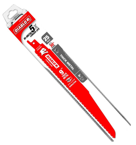 A studio photograph of a single red Diablo 9-inch 8/10 TPI bi-metal reciprocating saw blade for thick metal demolition, shown in its original clear plastic retail hang-tag packaging which indicates a 25 pack.