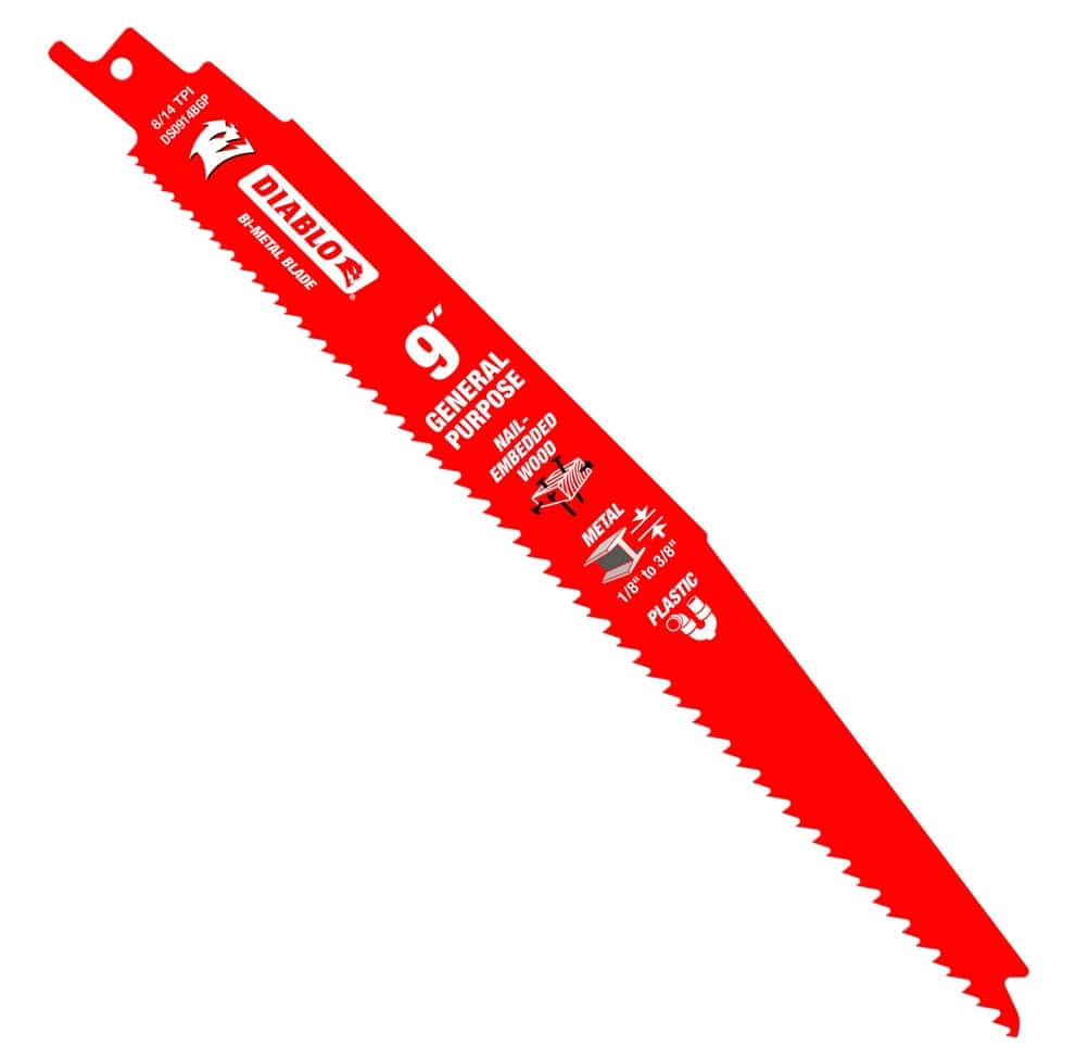 A studio shot of the Diablo 9-inch bi-metal reciprocating saw blade featuring a 1-inch demolition body, 8/14 variable TPI, and a red Perma-SHIELD coating designed for general purpose cutting in nail-embedded wood and metal.