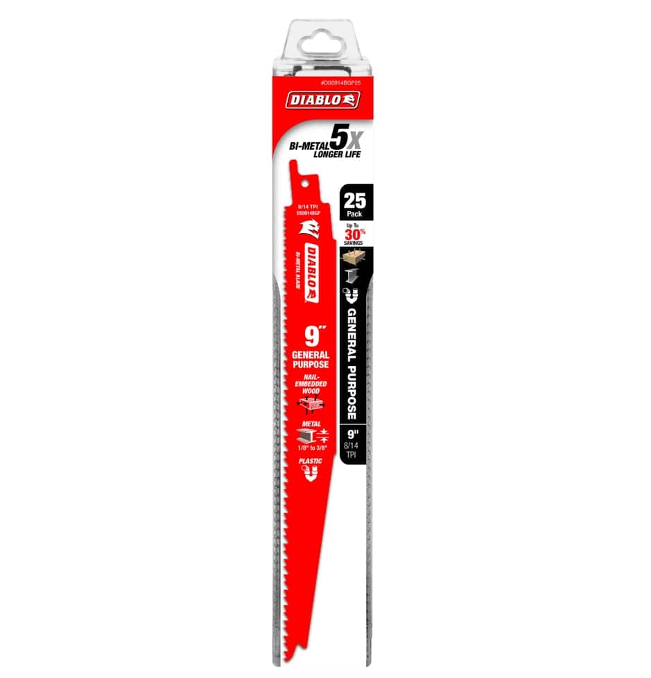 A 25-pack bulk set of Diablo 9-inch bi-metal reciprocating saw blades in professional retail packaging, highlighting 5X longer life, 30 percent savings, and a variable tooth design for high-performance demolition and general purpose use.