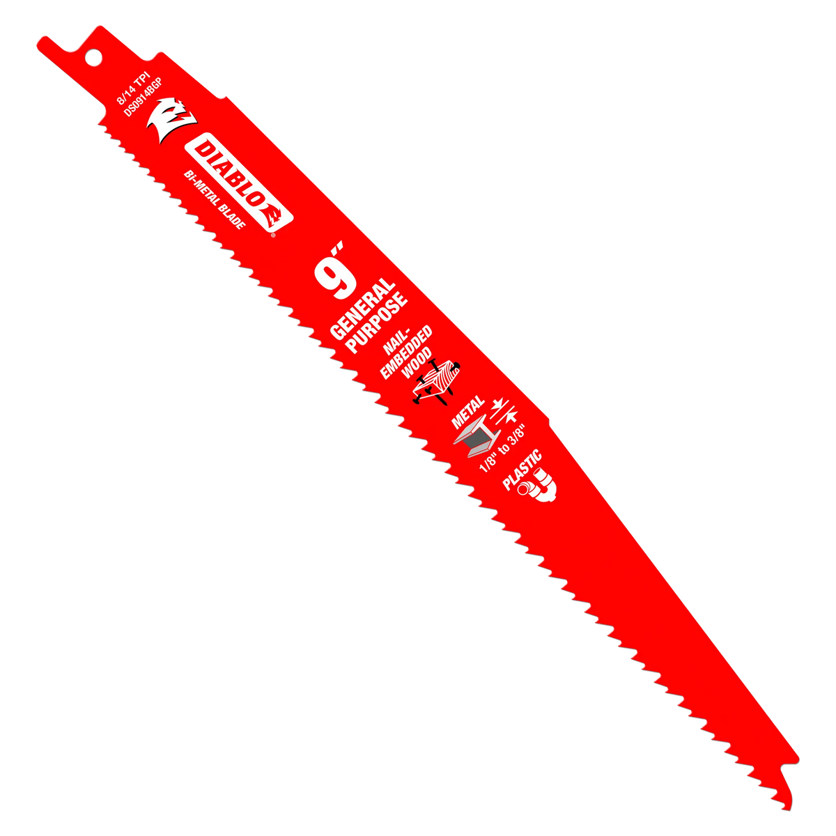 A studio product graphic of a single red Diablo 9-inch bi-metal reciprocating saw blade, showcasing the variable 8/14 TPI tooth profile, general purpose designation, and printed icons for nail-embedded wood, thick metal, and plastic cutting applications against a solid white background.