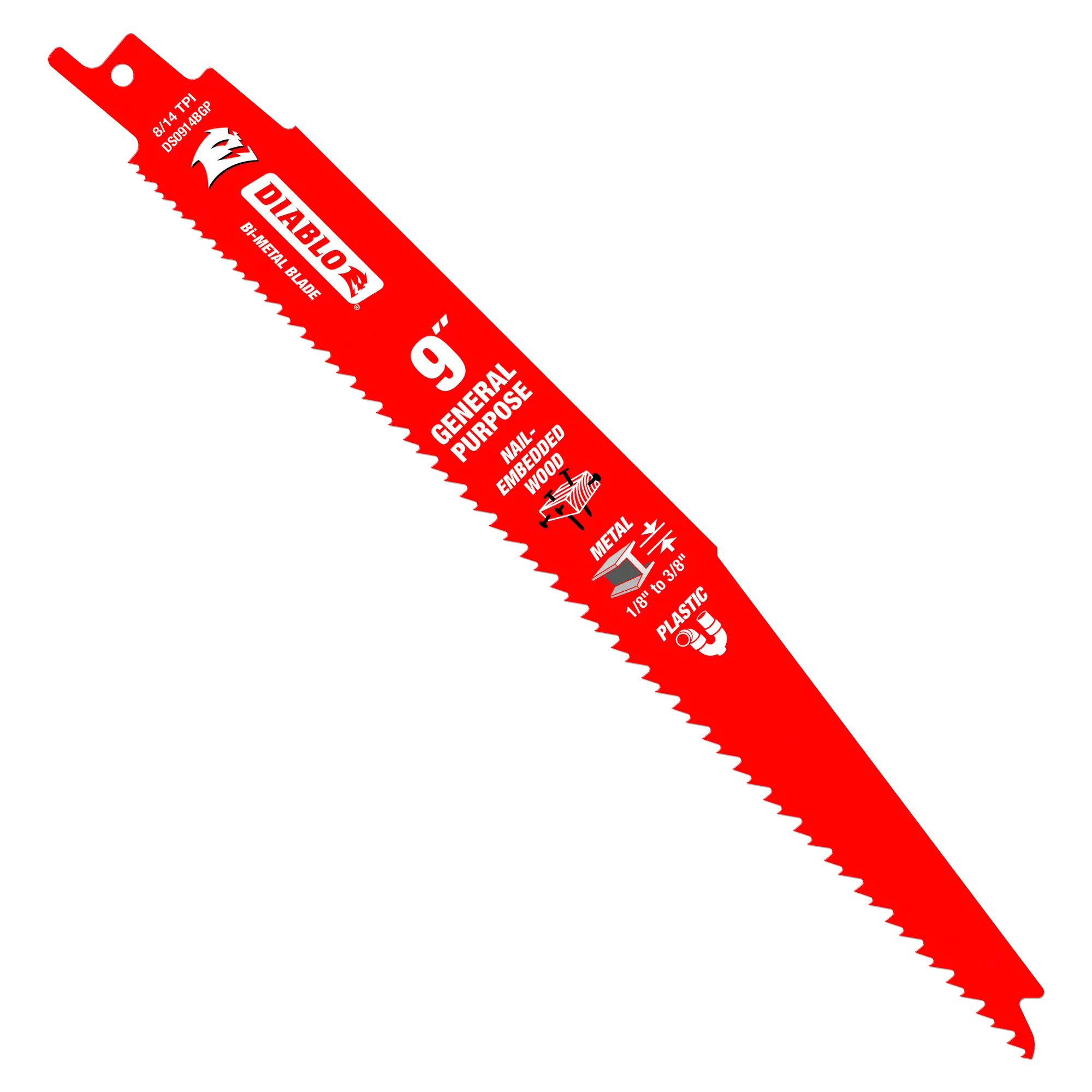 A studio product graphic of a single red Diablo 9-inch bi-metal reciprocating saw blade, showcasing the variable 8/14 TPI tooth profile, general purpose designation, and printed icons for nail-embedded wood, thick metal, and plastic cutting applications against a solid white background.