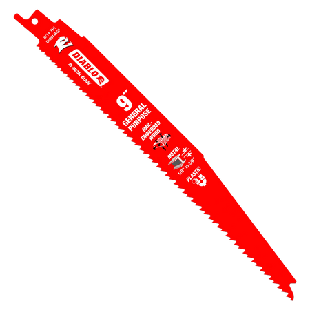 A studio product graphic of a single red Diablo 9-inch bi-metal reciprocating saw blade, showcasing the variable 8/14 TPI tooth profile, general purpose designation, and printed icons for nail-embedded wood, thick metal, and plastic cutting applications against a solid white background.