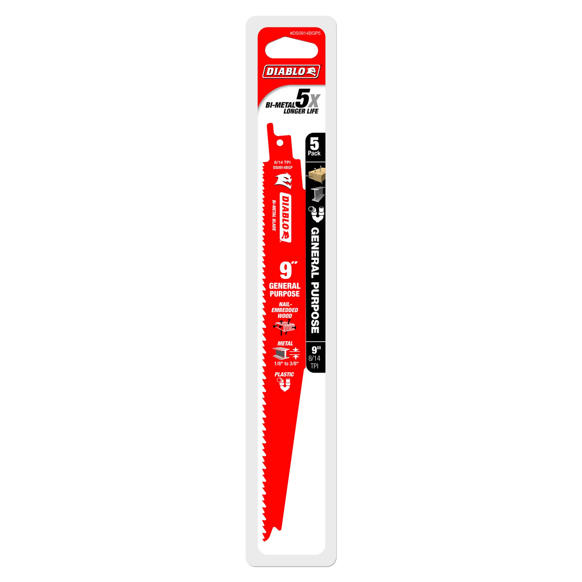 The Diablo 9-inch general purpose bi-metal reciprocating saw blade shown vertically in its original 5-pack retail cardboard strip packaging, highlighting indicators for 5X longer life, variable 8/14 TPI configuration, and multi-material jobsite versatility.