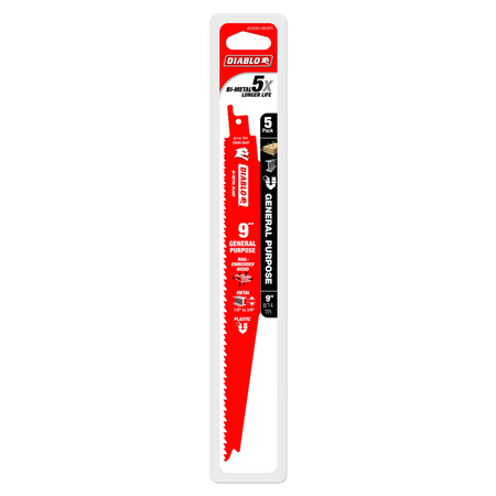 The Diablo 9-inch general purpose bi-metal reciprocating saw blade shown vertically in its original 5-pack retail cardboard strip packaging, highlighting indicators for 5X longer life, variable 8/14 TPI configuration, and multi-material jobsite versatility.
