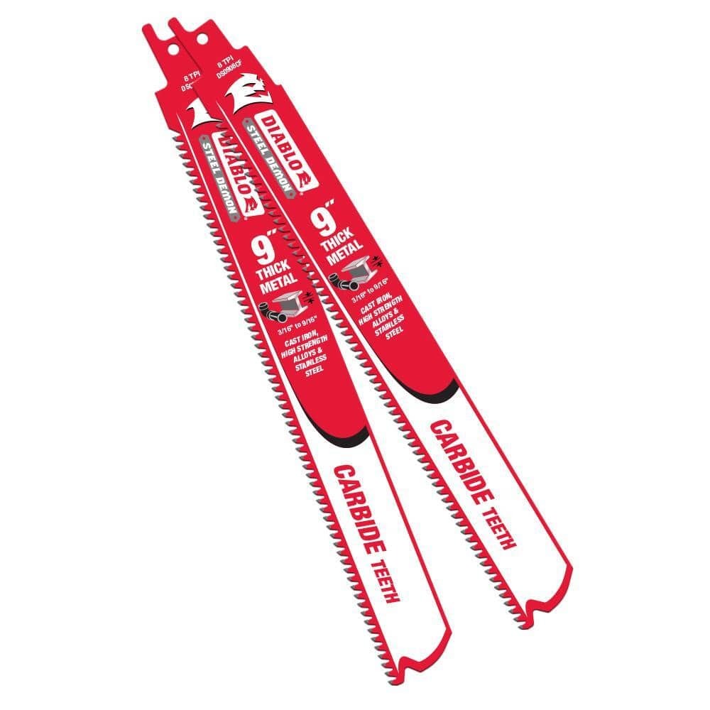 Two Diablo Steel Demon 9" reciprocating saw blades in red packaging labeled “Carbide Teeth” and “Thick Metal.” Designed for cutting stainless steel, cast iron, and high-strength alloys. Features include Perma-SHIELD coating, extreme durability, and up to 50x blade life.