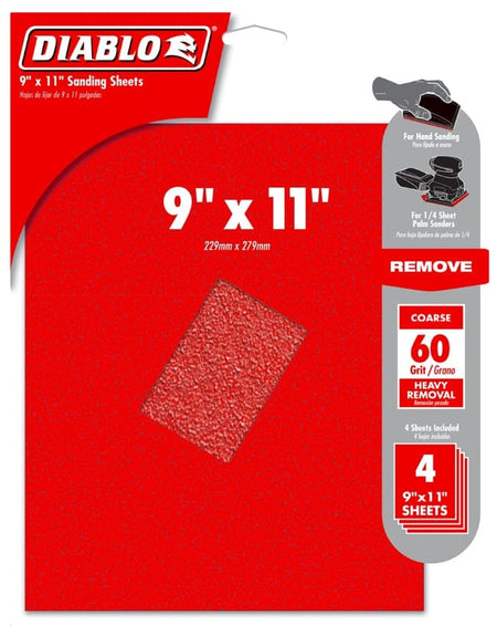 Retail packaging for the Diablo 9x11 inch sanding sheets, highlighting the 60 grit coarse rating for heavy removal and compatibility with hand sanding and 1/4 sheet palm sanders.