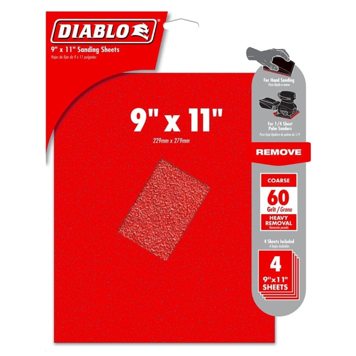 Retail packaging for the Diablo 9x11 inch sanding sheets, highlighting the 60 grit coarse rating for heavy removal and compatibility with hand sanding and 1/4 sheet palm sanders.