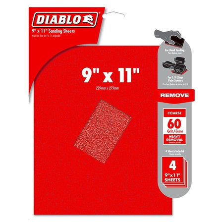 Retail packaging for the Diablo 9x11 inch sanding sheets, highlighting the 60 grit coarse rating for heavy removal and compatibility with hand sanding and 1/4 sheet palm sanders.