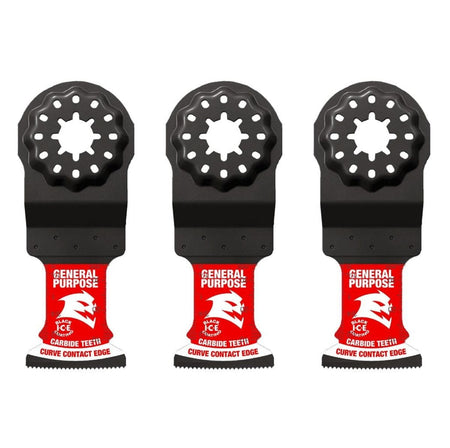 A studio arrangement of three identical Diablo Starlock carbide teeth oscillating multi-tool blades, displaying the interface and red General Purpose branding.
