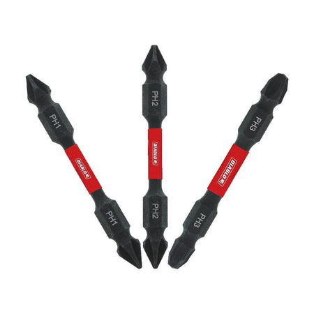 Three Diablo double-ended impact bits arranged in a fan shape, labeled PH1, PH2, and PH3, featuring black tips and red branding bands