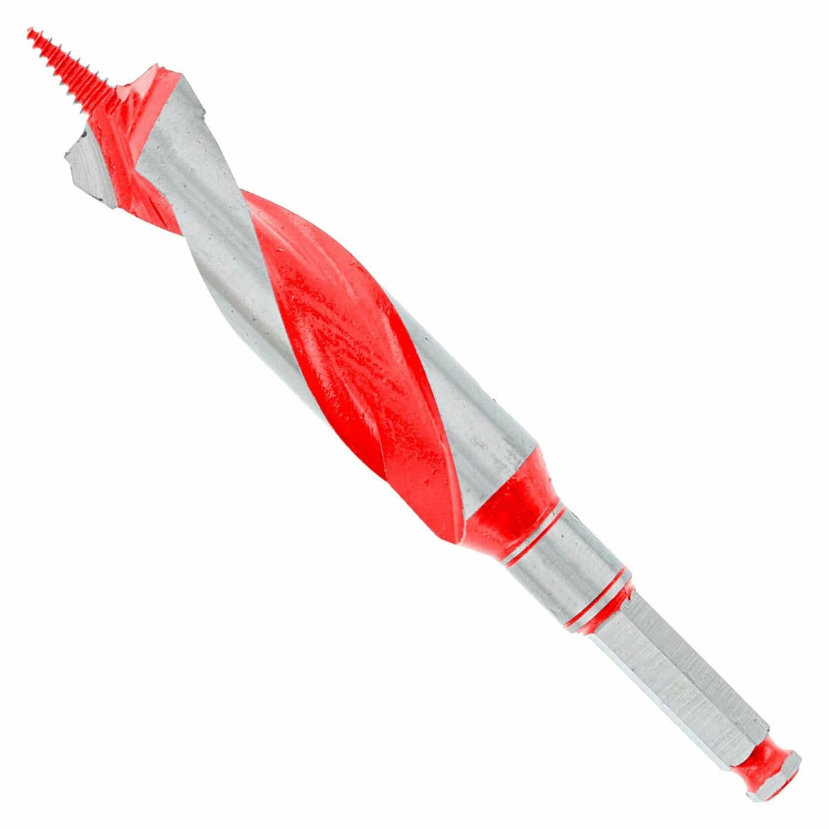 Close-up of a Diablo DAG1140 auger bit featuring a red and silver spiral design with a threaded tip for precise starts and aggressive drilling. The bit measures 1-1/8 inches in diameter and 7-1/2 inches in total length, with a 5-1/2 inch working length. The impact-rated 7/16-inch hex shank is visible at the base, designed for secure use in wood and nail-embedded wood applications.