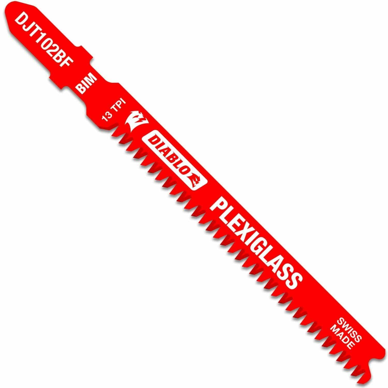 Red Diablo jigsaw blade for plexiglass on a white background