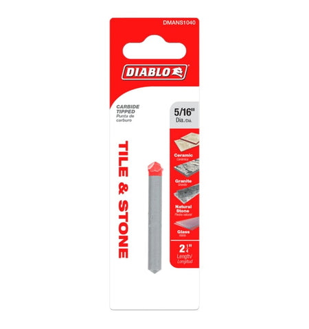 Packaged Diablo carbide-tipped drill bit labeled for tile, stone, and glass, showing 5/16 inch diameter and 2-1/4 inch length with red and white branding.