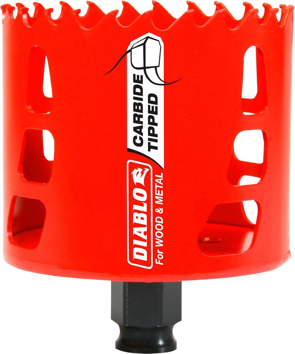 The image shows a red Diablo carbide-tipped hole saw designed for wood and metal. The hole saw has sharp teeth along its top edge and several large openings along its cylindrical body, with the black Diablo logo and product information printed on its side.
