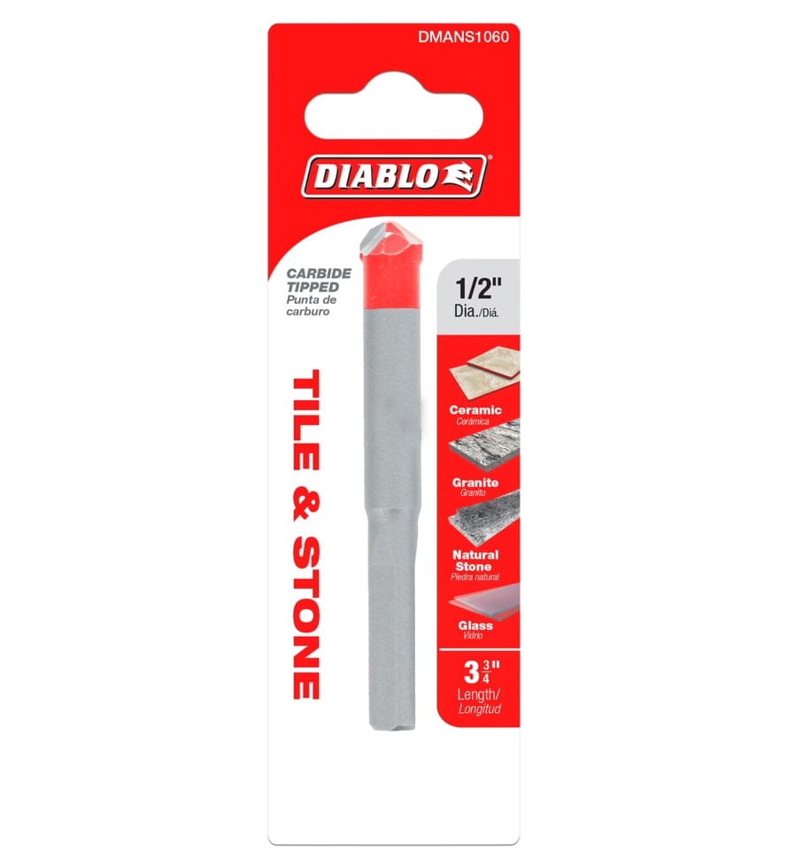Packaged Diablo carbide-tipped drill bit labeled for tile, stone, and glass, showing 1/2 inch diameter and 3.75 inch length with red-tipped cutting edge and 3-flat shank