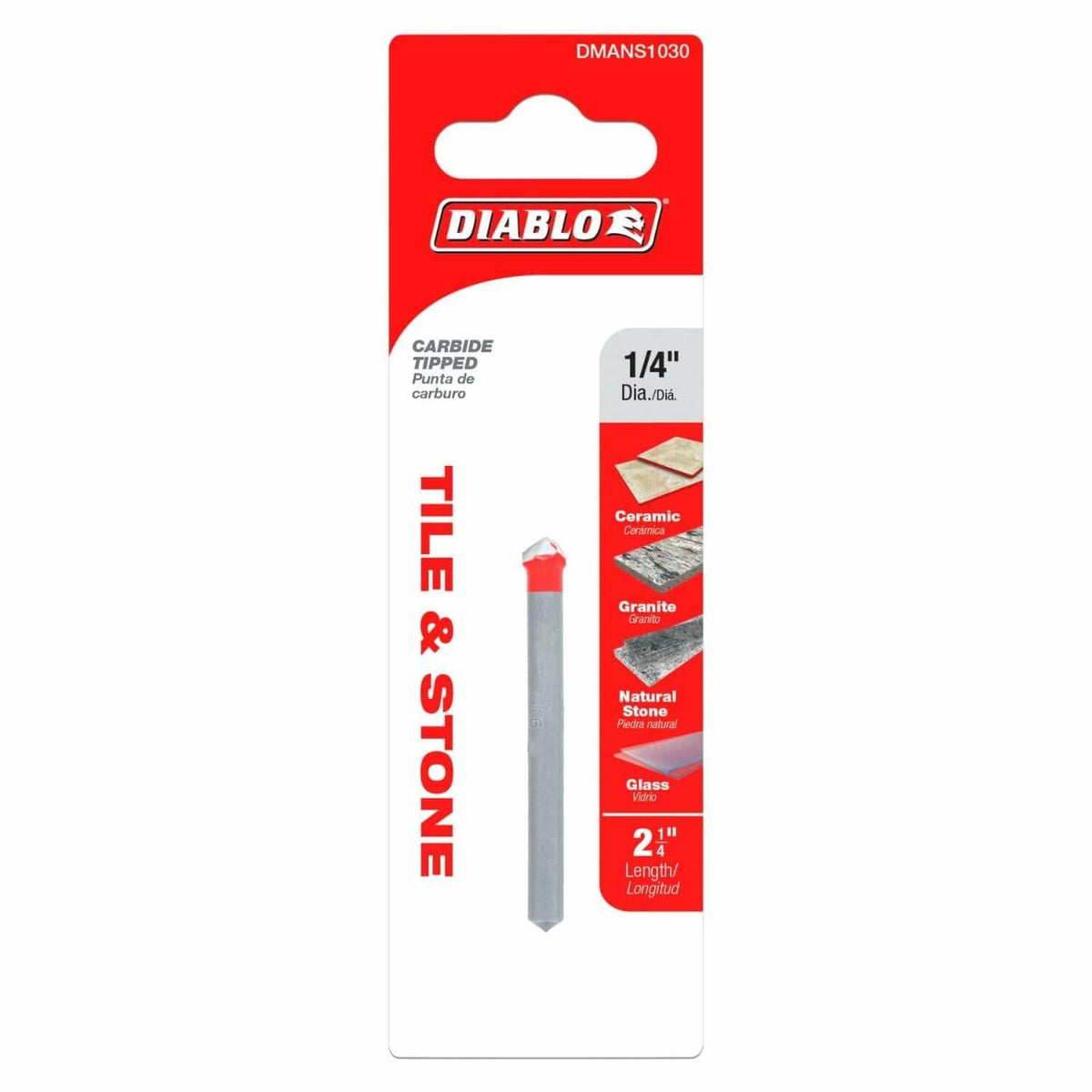 Packaged Diablo carbide-tipped drill bit labeled for tile, stone, and glass, showing 1/4 inch diameter and 2.25 inch length with red-tipped cutting edge and 3-flat shank