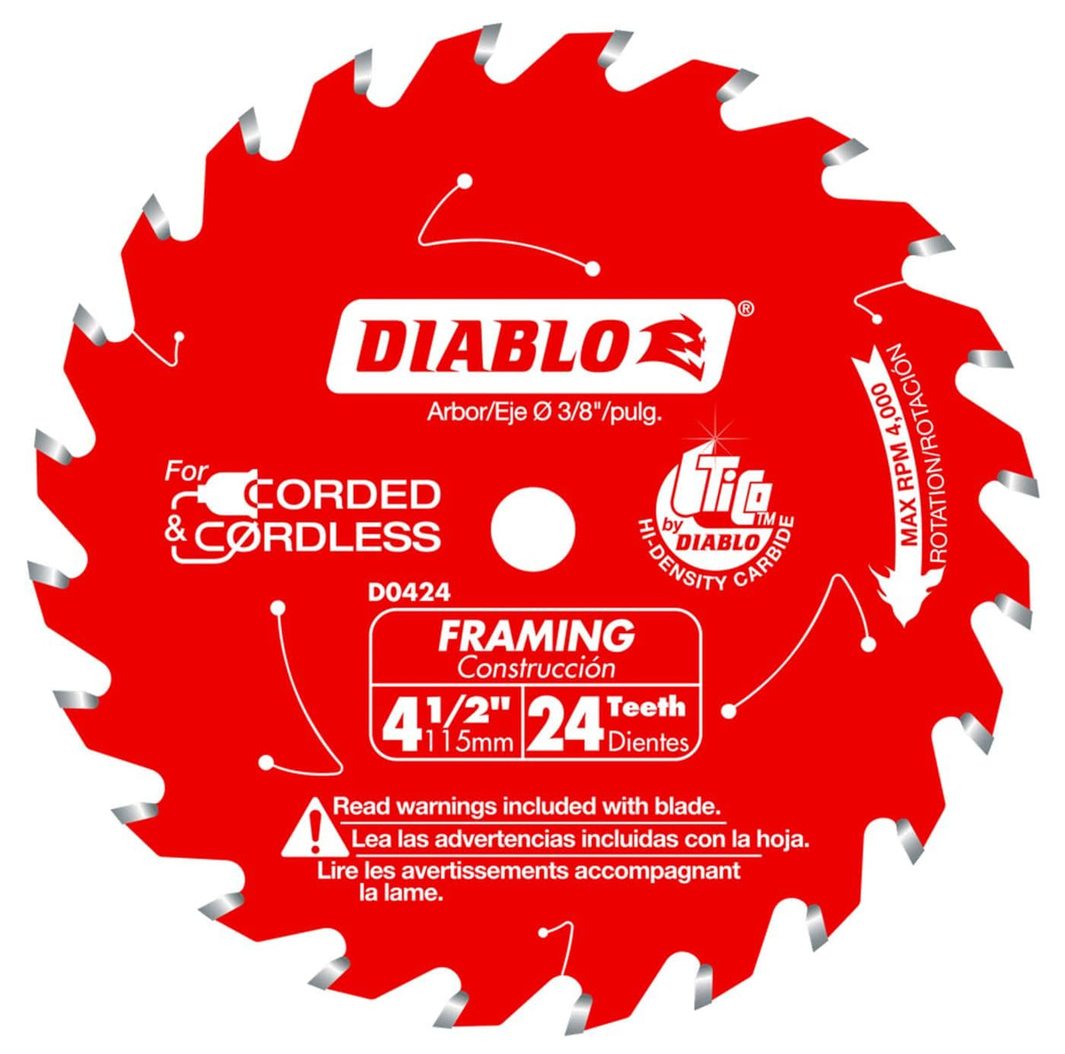 Front view of the Diablo D0424X 4-1/2 inch 24-tooth carbide framing saw blade, showcasing the signature red Perma-Shield coating, 3/8 inch arbor, and specialized TiCo Hi-Density carbide teeth for corded and cordless power saws.