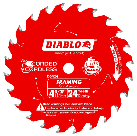 Front view of the Diablo D0424X 4-1/2 inch 24-tooth carbide framing saw blade, showcasing the signature red Perma-Shield coating, 3/8 inch arbor, and specialized TiCo Hi-Density carbide teeth for corded and cordless power saws.