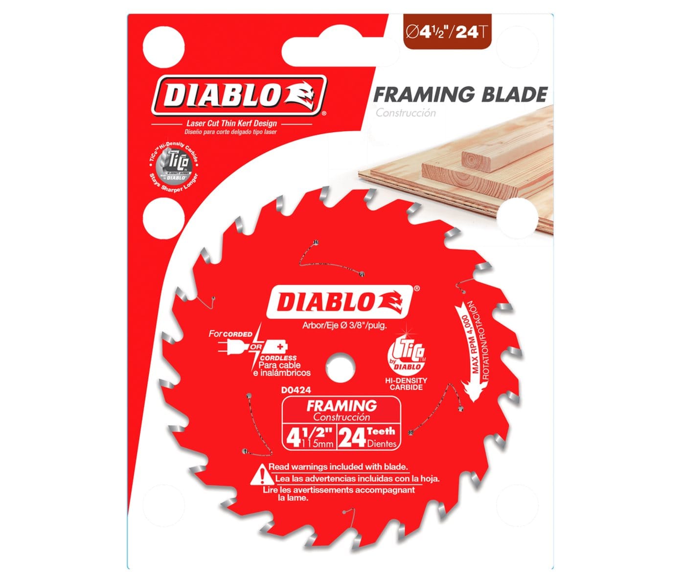 Diablo 4-1/2 inch framing saw blade in its professional retail packaging, highlighting the laser-cut thin kerf design and its application for high-performance cutting in framing lumber and construction materials.