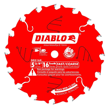 Front view of the Diablo D0516X 5-3/8 inch 16-tooth circular saw blade with a 10mm arbor, featuring the red Perma-SHIELD coating and TiCo high-density carbide for fast wood cutting.