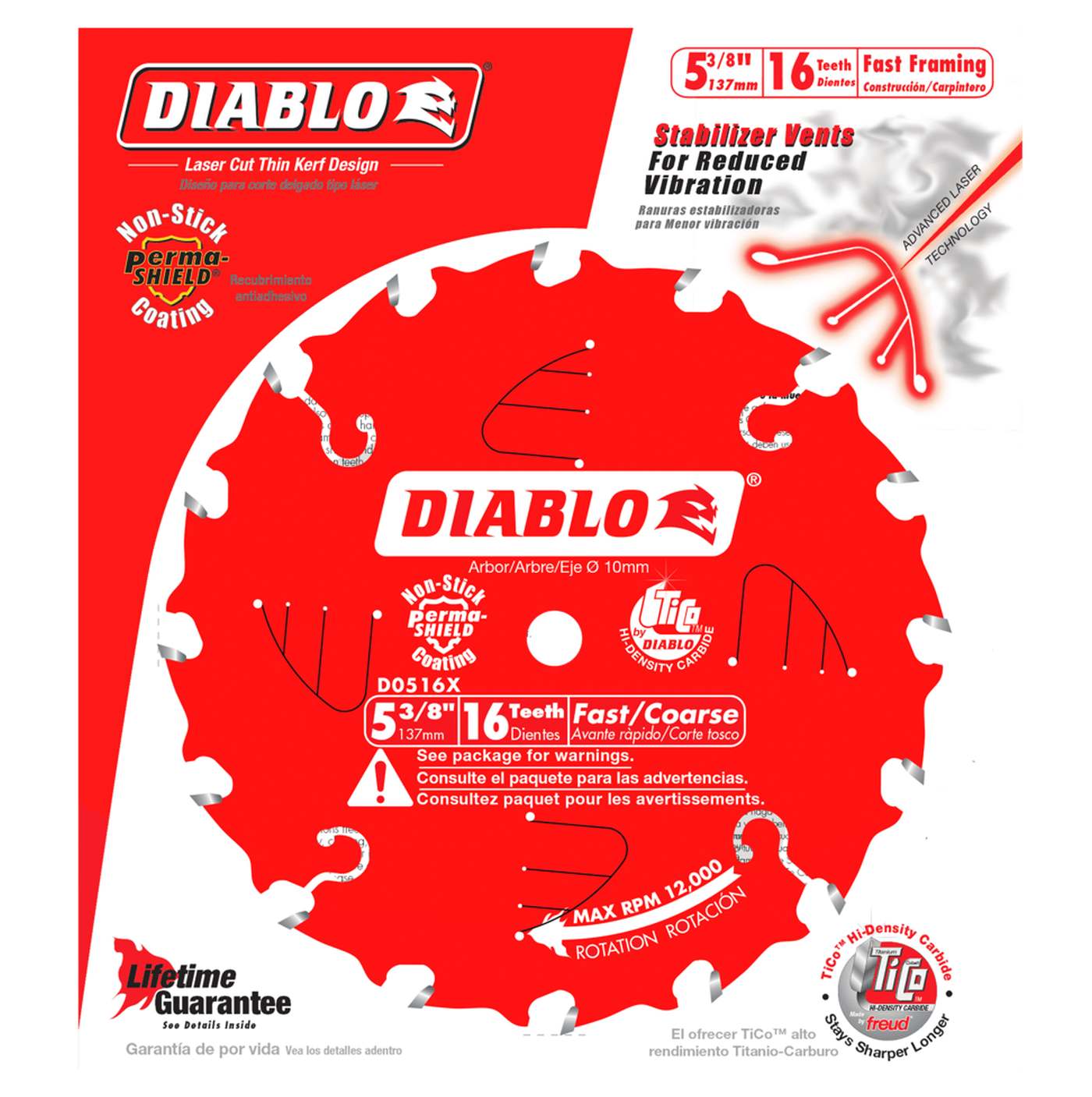 Retail packaging for the Diablo 5-3/8 inch 16-tooth trim saw blade, highlighting the laser-cut thin kerf design and stabilizer vents for reduced vibration and increased battery runtime on cordless saws.