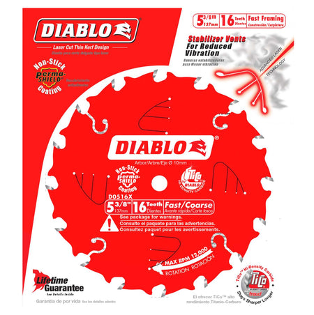 Retail packaging for the Diablo 5-3/8 inch 16-tooth trim saw blade, highlighting the laser-cut thin kerf design and stabilizer vents for reduced vibration and increased battery runtime on cordless saws.