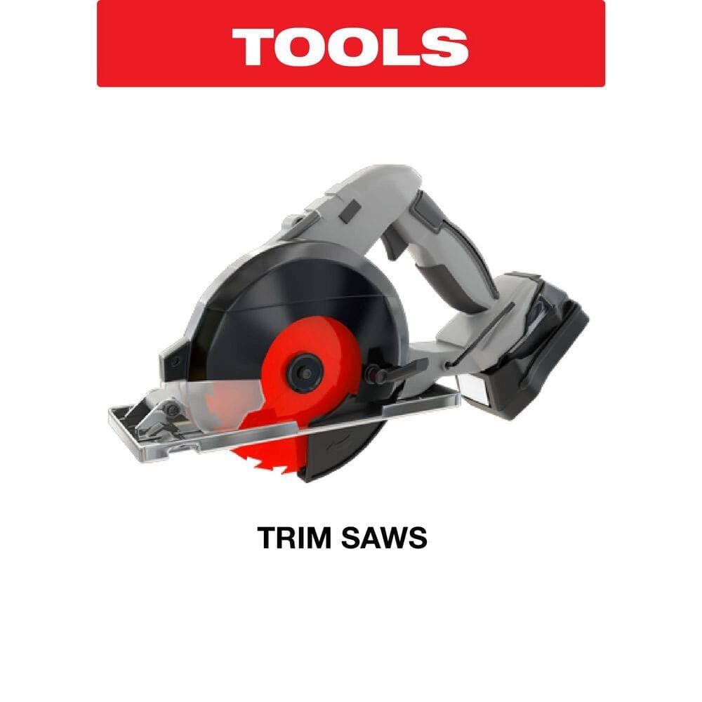 Tool compatibility graphic confirming the Diablo 5-3/8 inch 16-tooth carbide tipped saw blade is optimized for use with professional cordless trim saws.