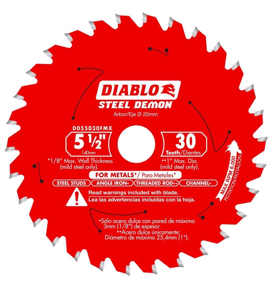 A front-facing studio photograph of the red Diablo Steel Demon 5-1/2 inch 30-tooth carbide-tipped circular saw blade, showing its 20mm arbor and suitability for cutting metal materials such as steel studs, angle iron, threaded rod, and channel.